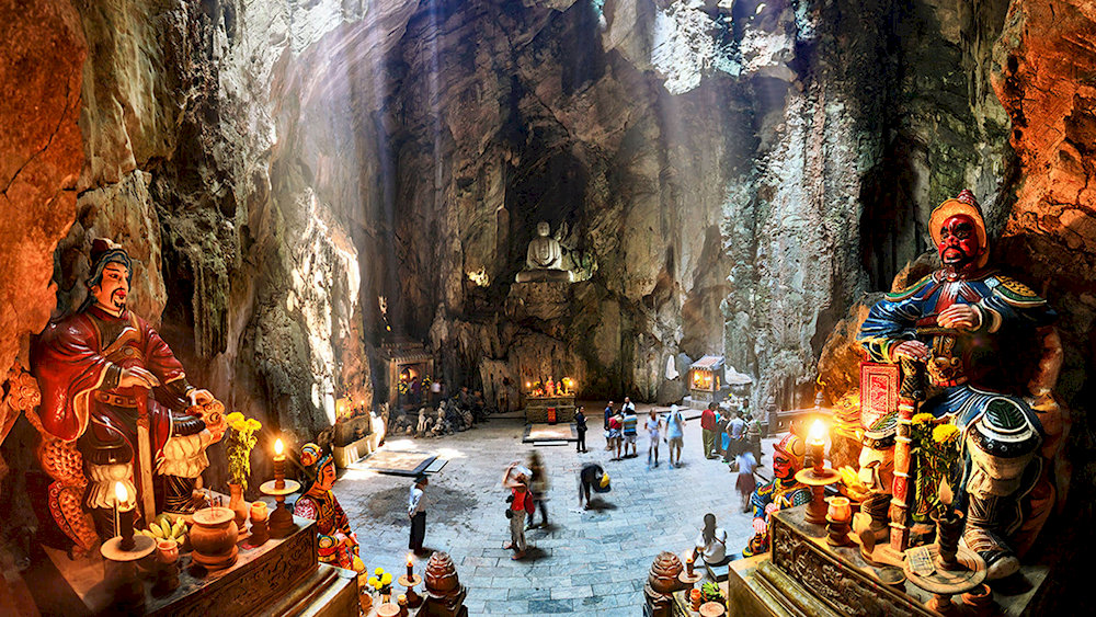 The Marble Mountains are a cluster of five limestone hills representing the five elements, famous for caves and ancient temples 