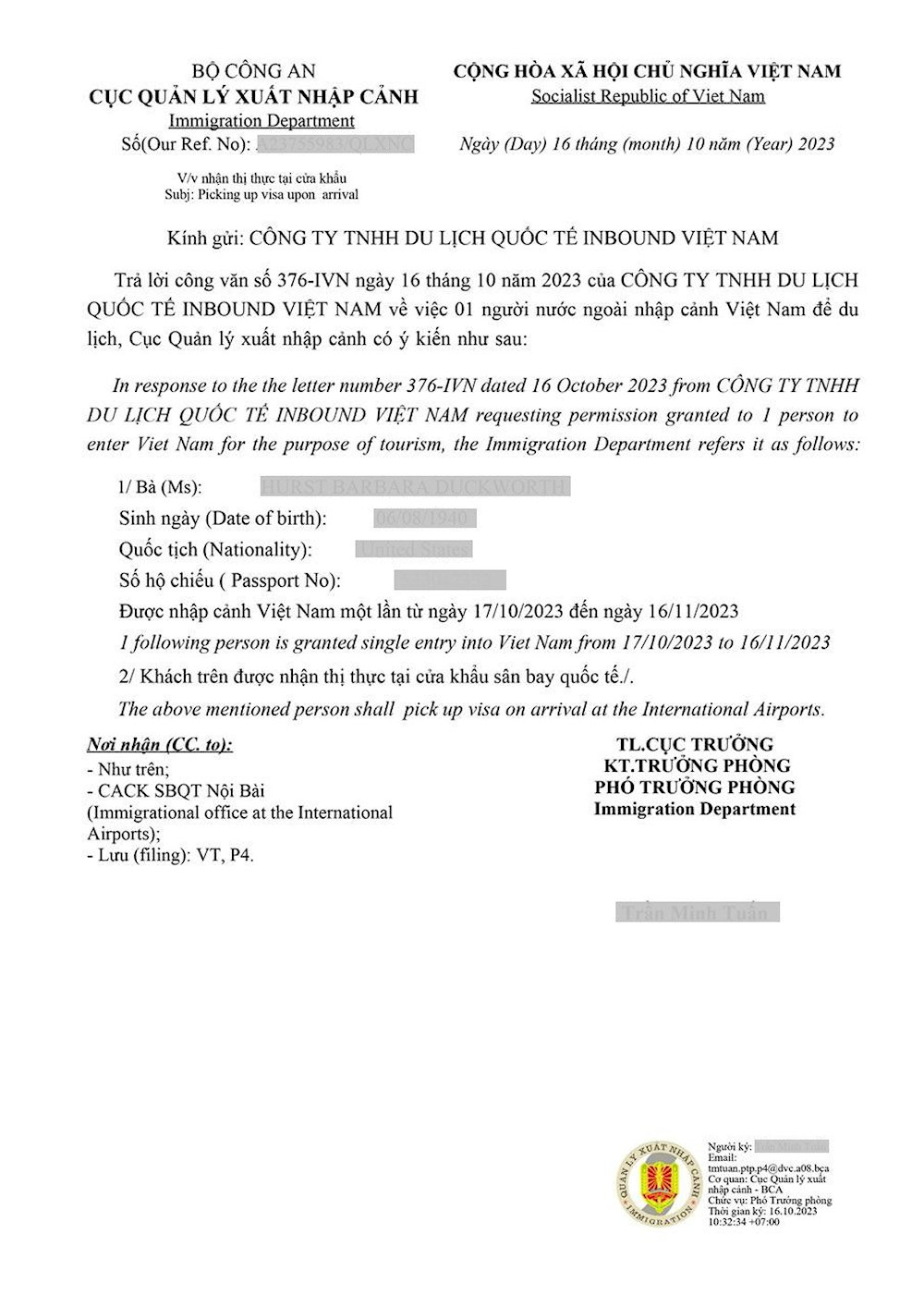 A demo of an approval letter sent by agencies to obtain VOA to Vietnam at the border